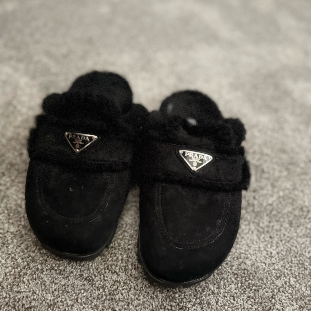 Prada Black Suede Slippers with Fur Trim